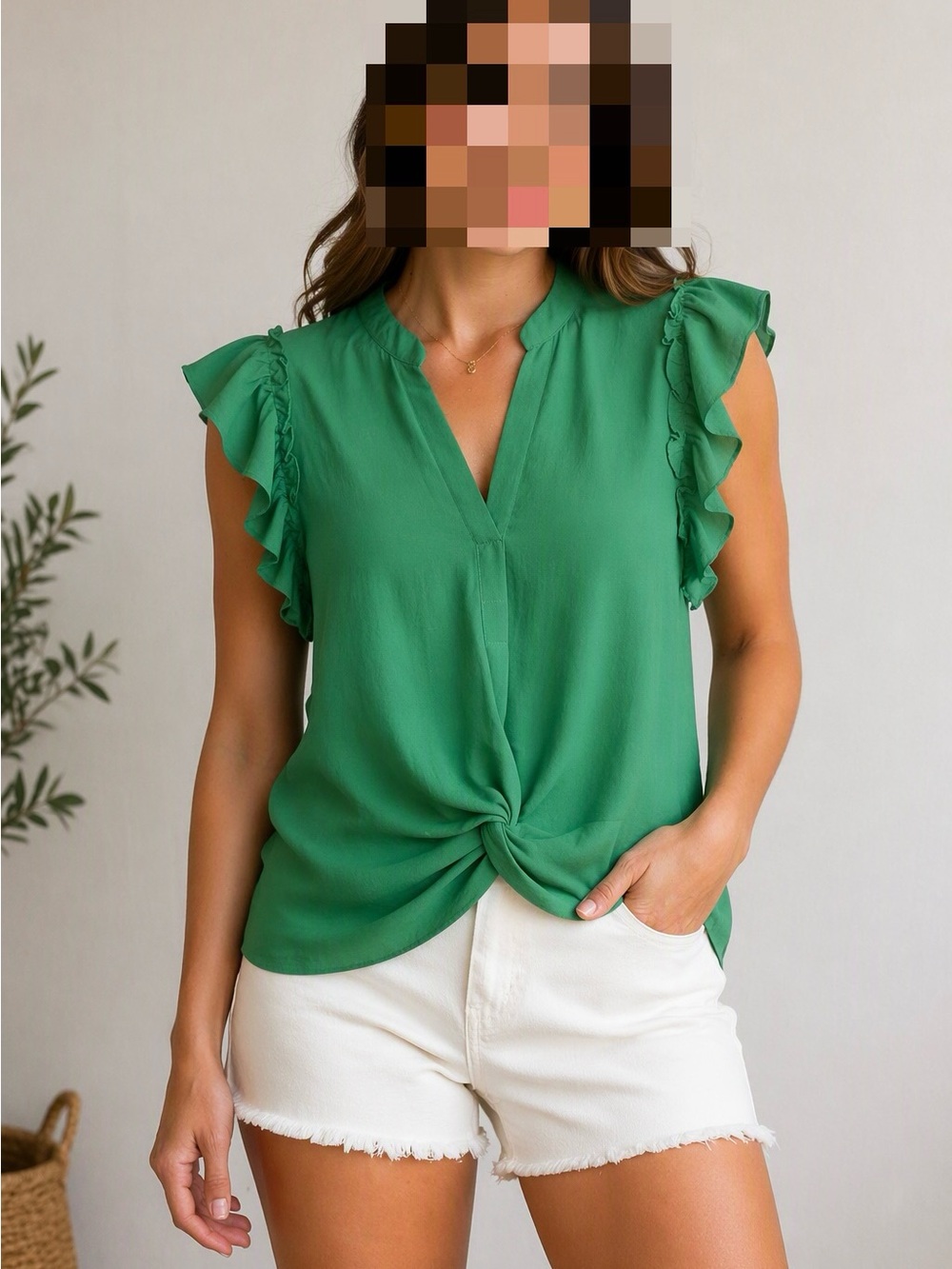 glam Emerald Ruffle Sleeve Twist-Front Blouse